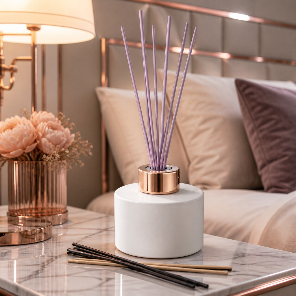 Matte White Glass Reed Diffuser Bottle With A Rose Gold Collar