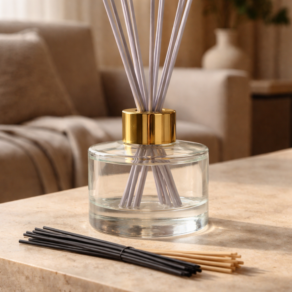 Clear Glass Reed Diffuser Bottle With A Gold Collar