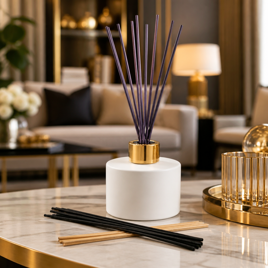 Matte White Glass Reed Diffuser Bottle With A Gold Collar