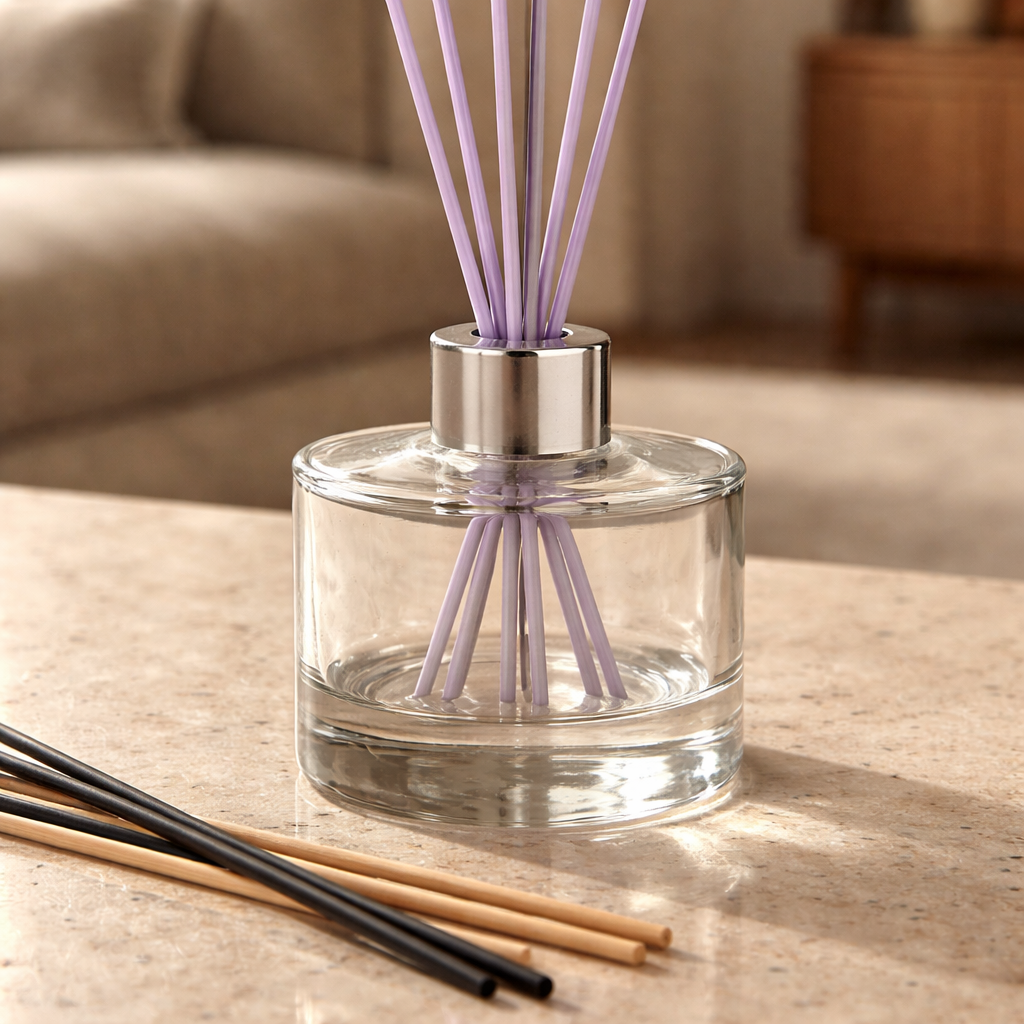 Clear Glass Reed Diffuser Bottle With A Silver Collar
