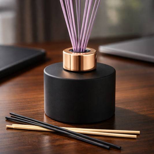 Matte Black Glass Reed Diffuser Bottle With A Rose Gold Collar