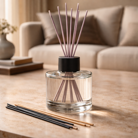 Clear Glass Reed Diffuser Bottle With A Black Collar