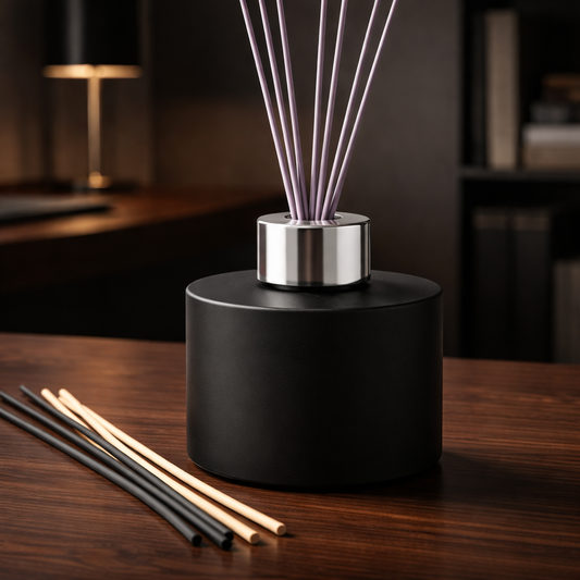 Matte Black Glass Reed Diffuser Bottle With A Silver Collar
