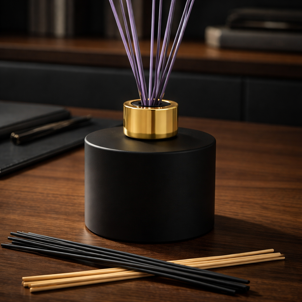 Matte Black Glass Reed Diffuser Bottle With A Gold Collar